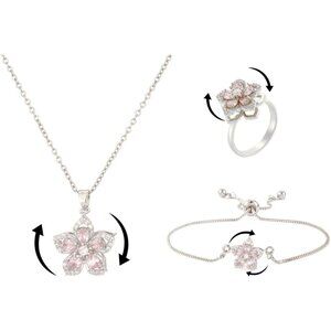 Women Flower Fidget Silver pink Set 3 Necklace Rotatable Crystal Blossom Pendant
